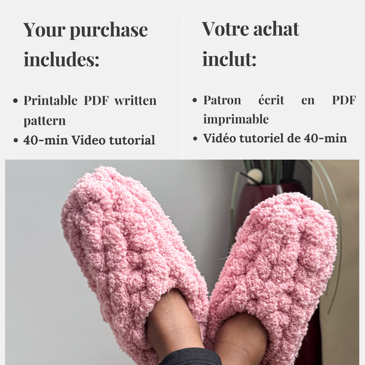 Pantoufles en laine chenille — Patron PDF + Vidéo tutoriel